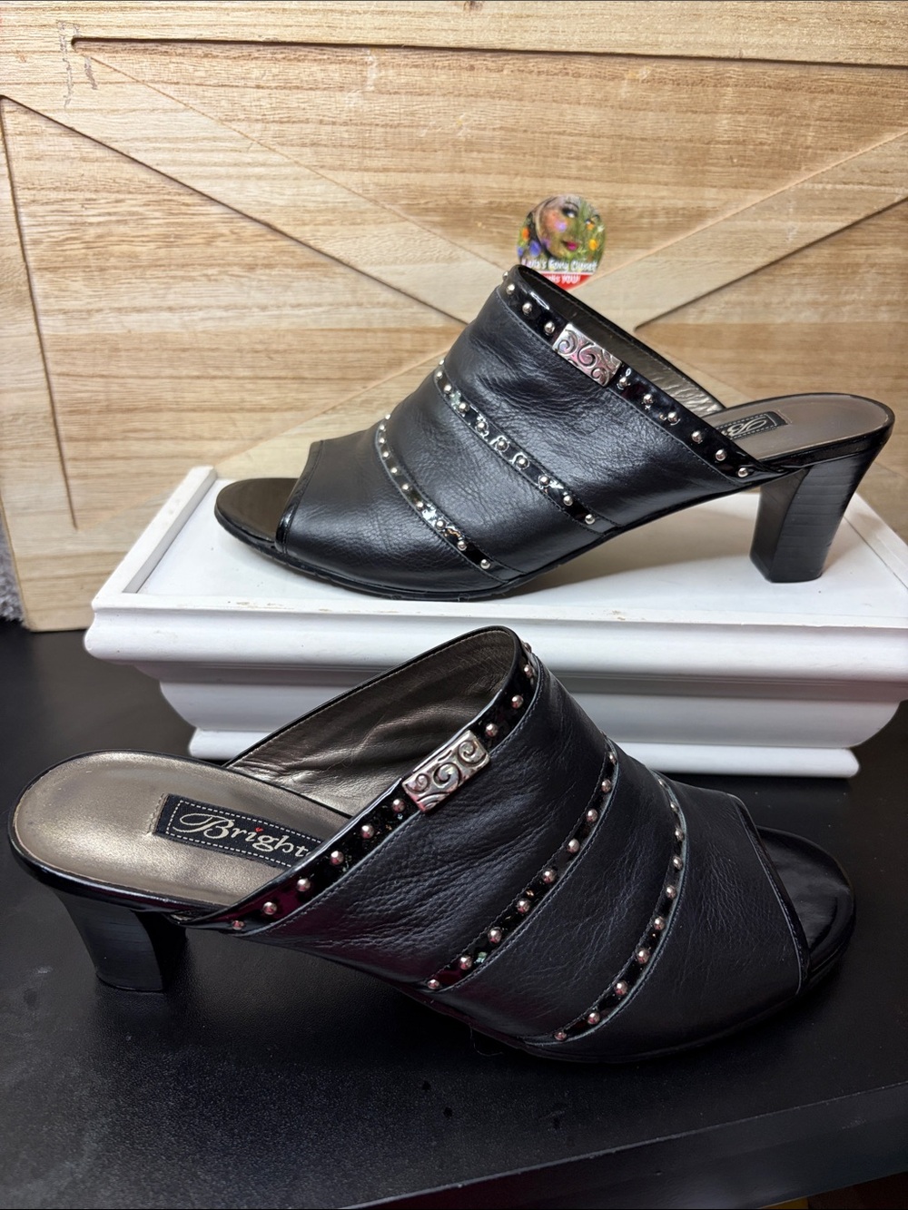 Brighton Teri Black Leather Studded Peep-toe Mule Heels  Sz 9 (8)Runs Small #581